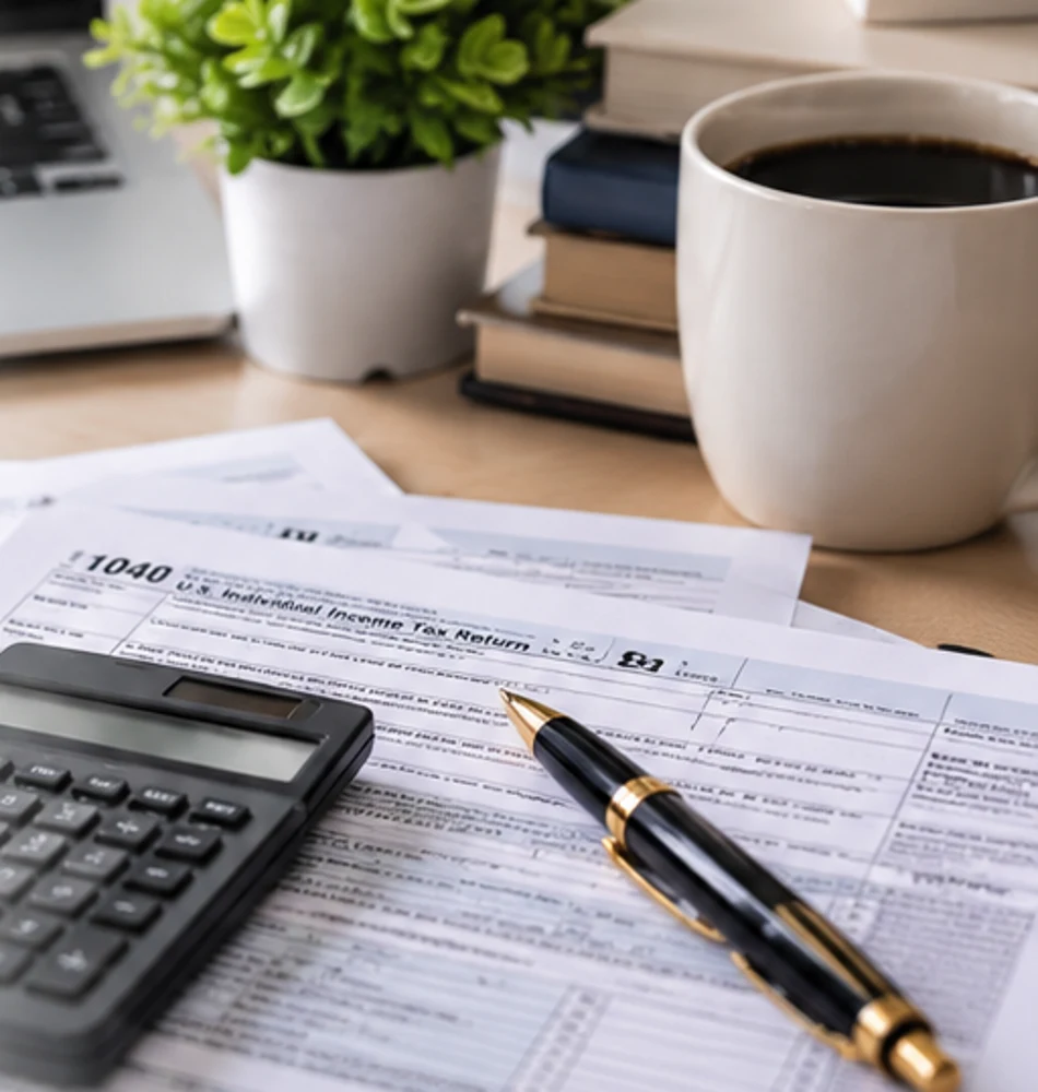 Accounting desk with calculator, documents and laptop